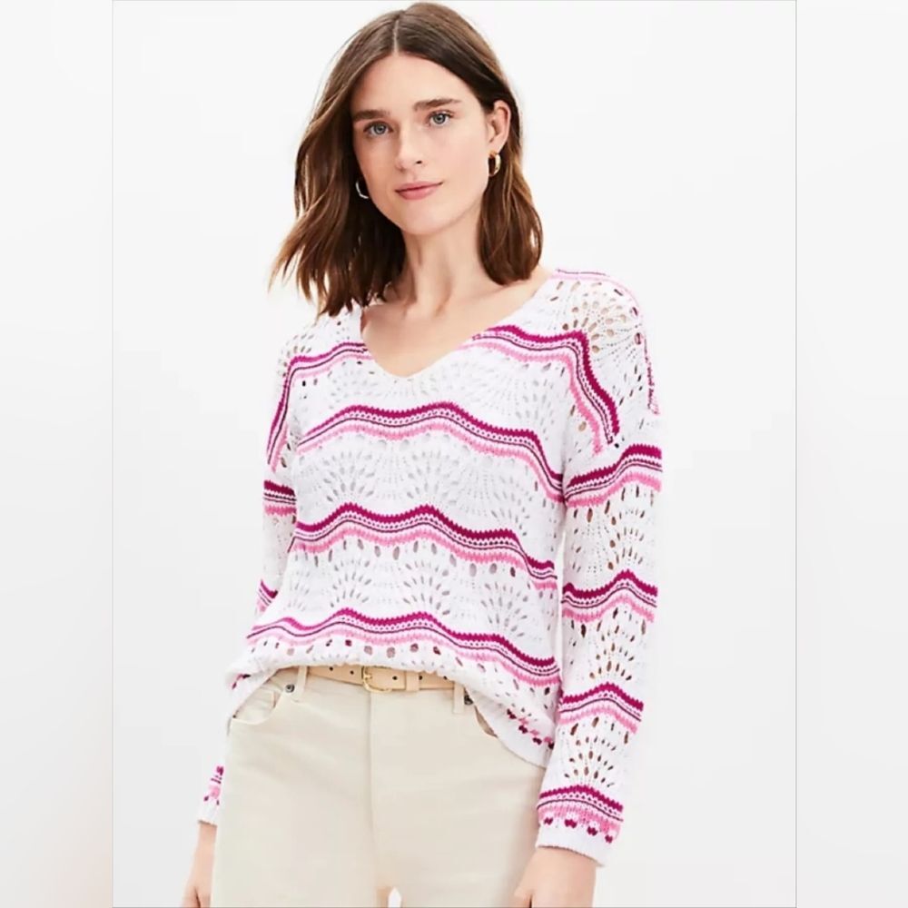 LOFT Wavy Stitch Swingy V-Neck Sweater Open Knit White And Pink Size Large
